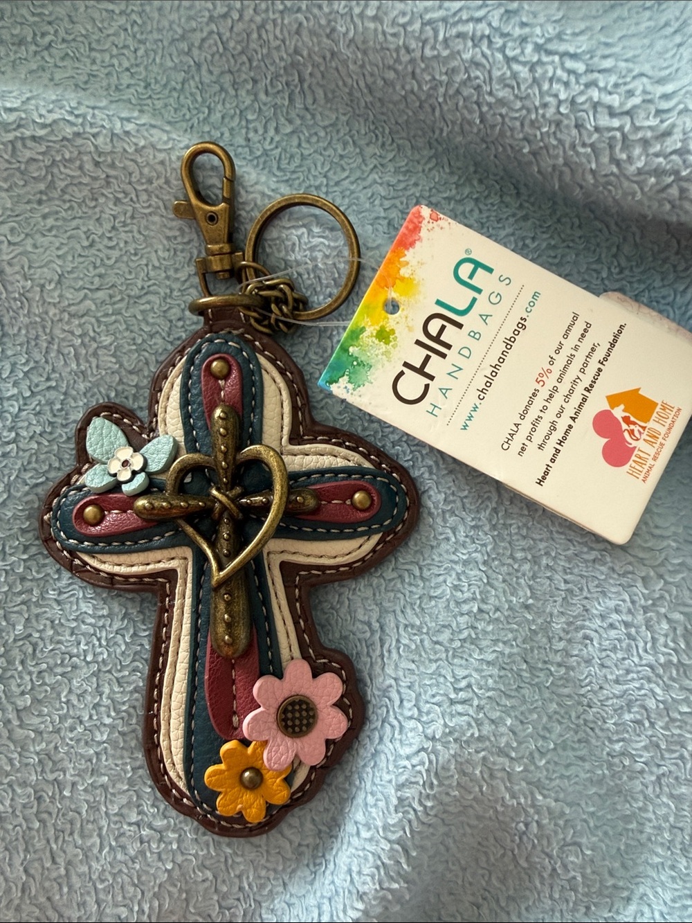 Chala Multicolor Floral Cross Keychain - Pink/Blue/Tan NWT